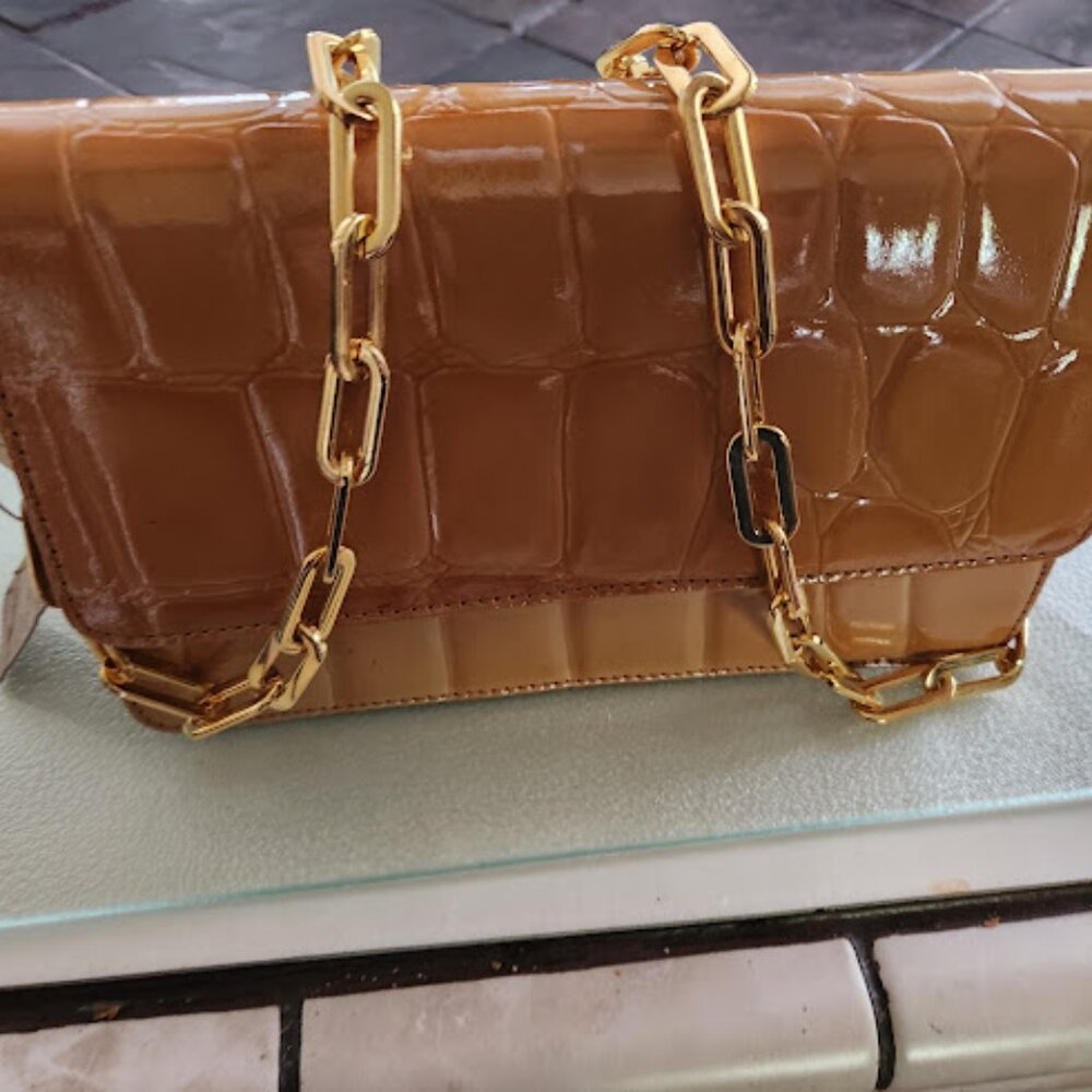 Crocodile Rust Caramel  colored evening bag with Gold Chain